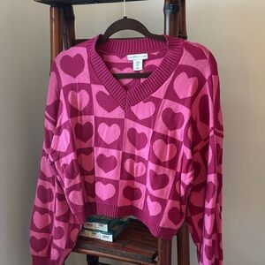 V-Neck Heart Sweater - Pink and Hot Pink